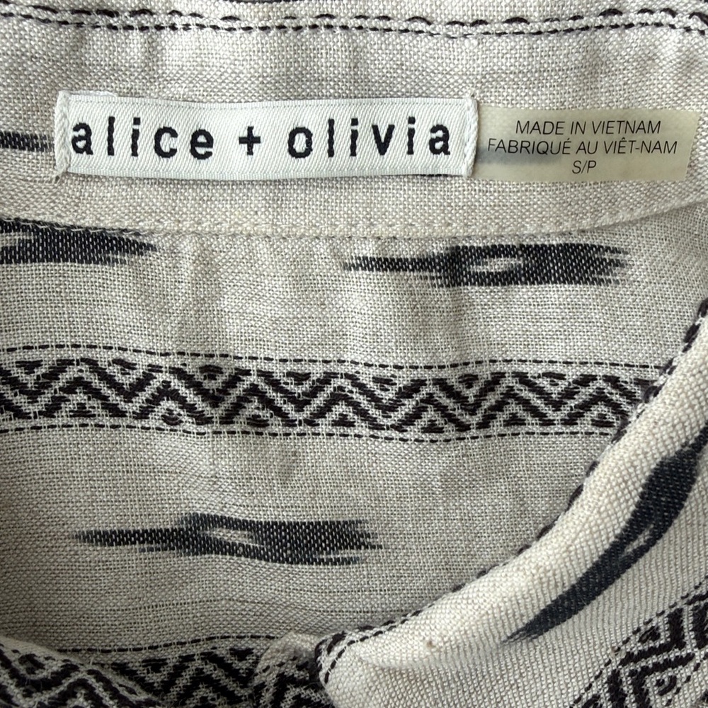 Alice + Olivia Isabelle Tribal Sleeveless Linen Shirt Dress Beige/Black Small - Picture 3 of 12